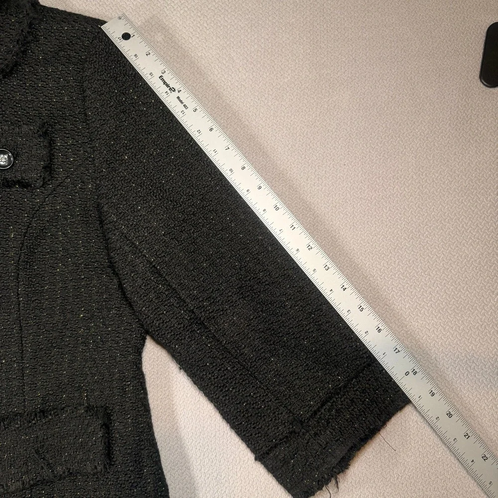 Luii Tweed Wool Blend Coat Large Women Black Gold Metallic Fringed Trim